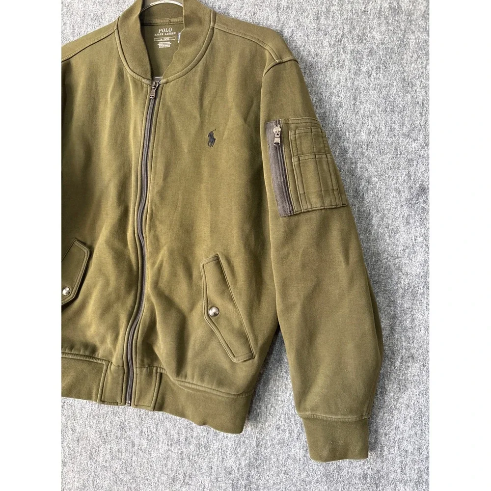 Polo Ralph Lauren Mens Olive Green Cotton Blend Full Zip Bomber Jacket Medium